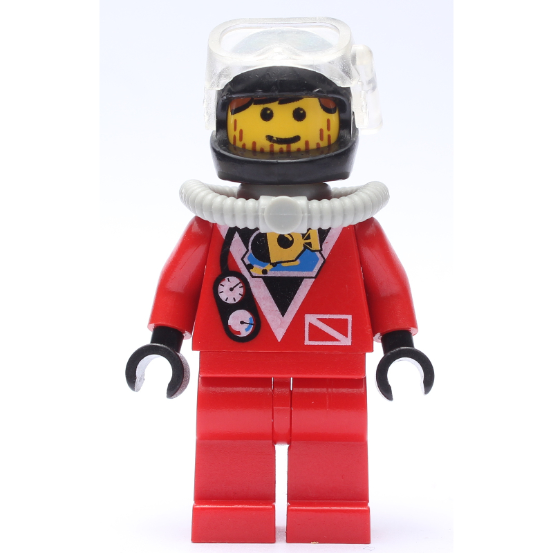 Plongeur, homme, combinaison rouge, casque noir avec masque, bouteille d’air, barbe naissante (Diver, Man, Red Wetsuit, Black Helmet with Mask, Airtank, Stubble)