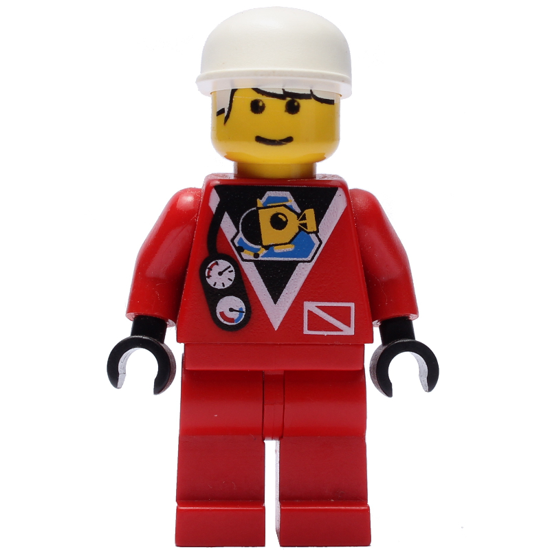 Explorateur marin, combinaison de plongée rouge, casquette blanche, cheveux blancs imprimés (Marine Explorer, Red Wetsuit, White Cap, Printed White Hair)