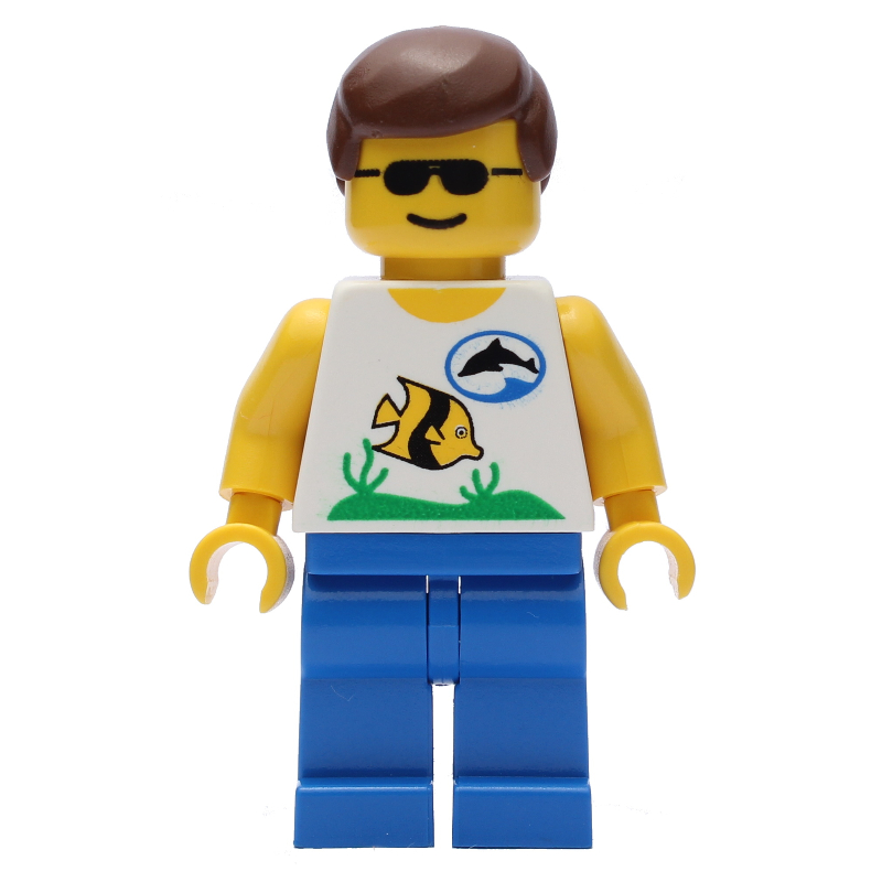 Explorateur marin, chemise blanche avec des poissons, cheveux bruns, lunettes de soleil (Marine Explorer, White Shirt with Fish, Brown Hair, Sunglasses)