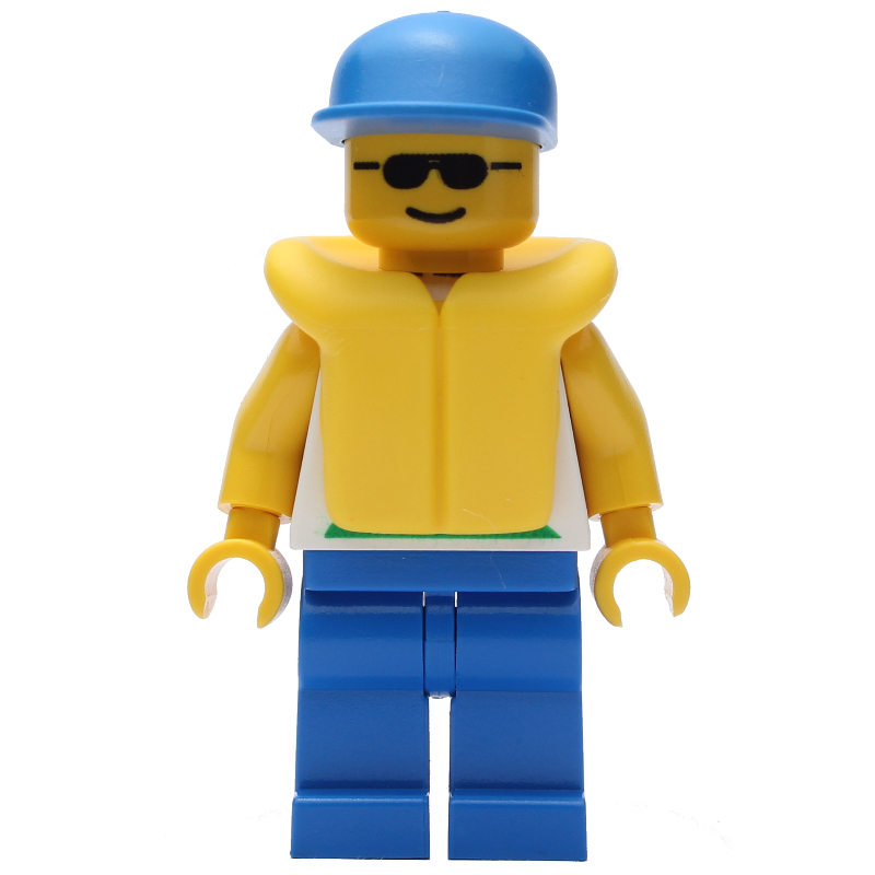 Explorateur marin, chemise blanche avec des poissons, casquette bleue, gilet de sauvetage jaune, lunettes de soleil (Marine Explorer, White Shirt with Fish, Blue Cap, Yellow Life Vest, Sunglasses)