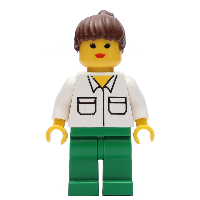 Femme, chemise blanche avec poches, jambes vertes, cheveux bruns (Woman, White Shirt with Pockets, Green Legs, Brown Hair)