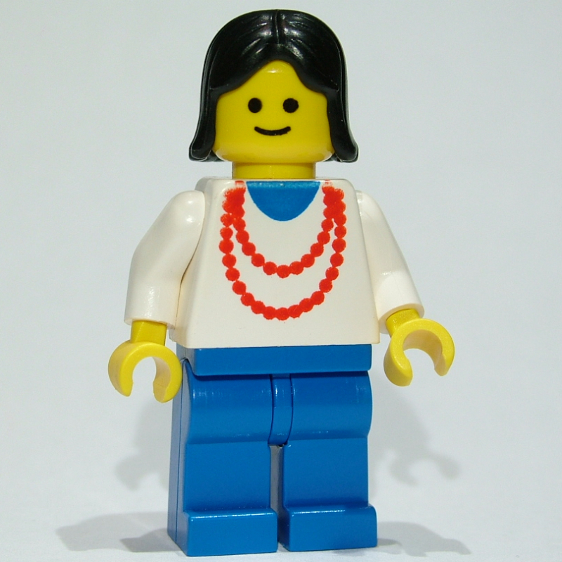 Femme, haut blanc avec collier rouge, jambes bleues, cheveux noirs (3626b tête) (Woman, White Top with Red Necklace, Blue Legs, Black Hair (3626b Head))