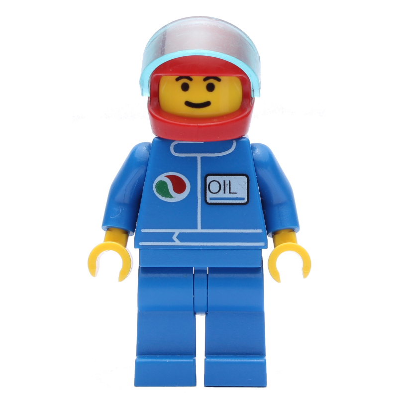 Pilote de course, veste bleue avec logo Octan, jambes bleues, casque rouge avec étoiles et visière (Racer, Blue Jacket with Octan Logo, Blue Legs, Red Helmet with Stars and Visor)