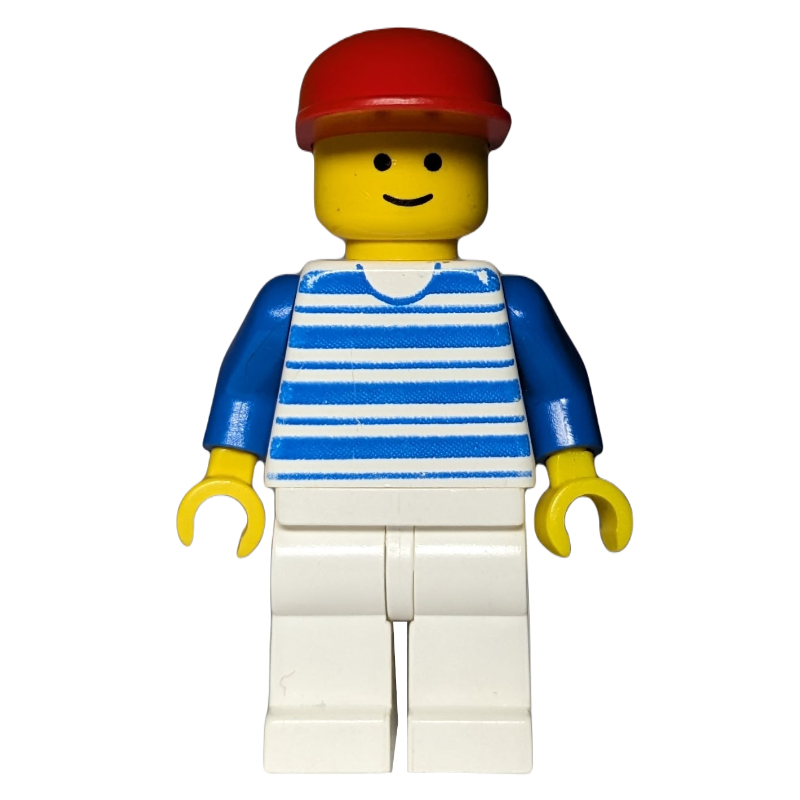 Homme, chemise à rayures blanches et bleues, jambes blanches, casquette rouge (Man, White and Blue Striped Shirt, White Legs, Red Cap)