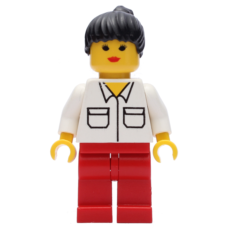 Femme, chemise blanche avec poches, jambes rouges, cheveux noirs (Woman, White Shirt with Pockets, Red Legs, Black Hair)