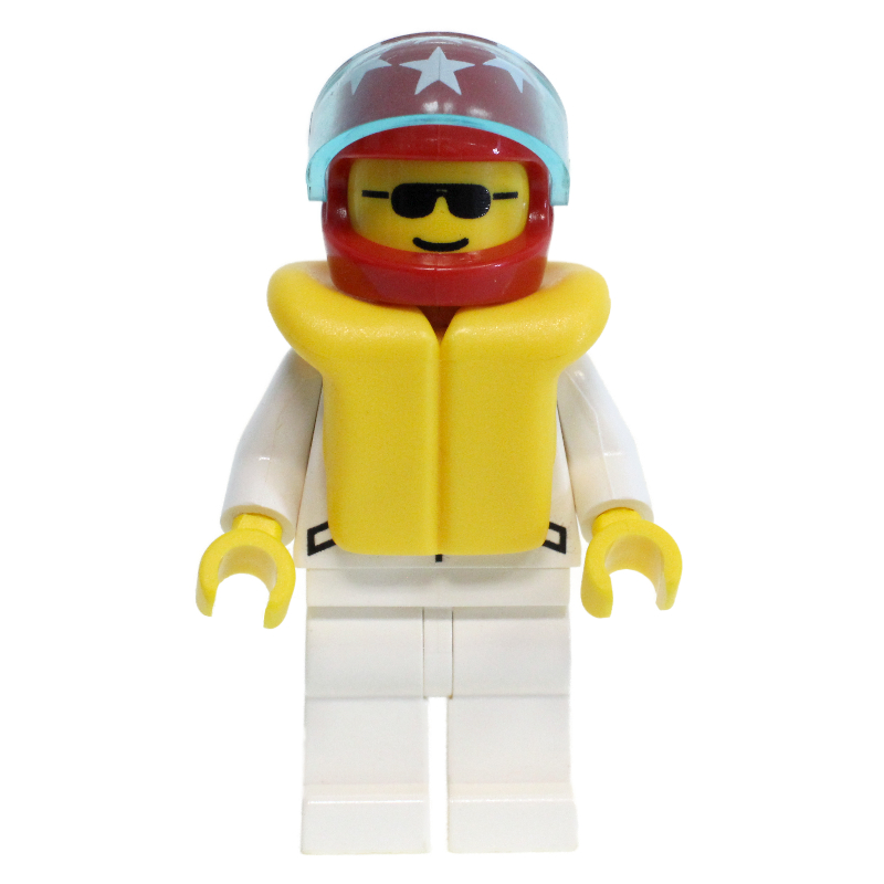 Pilote de course, veste blanche avec 2 étoiles, casque rouge avec étoiles et visière, gilet de sauvetage jaune, lunettes de soleil (Racer, White Jacket with 2 Stars, Red Helmet with Stars and Visor, Yellow Life Vest, Sunglasses)