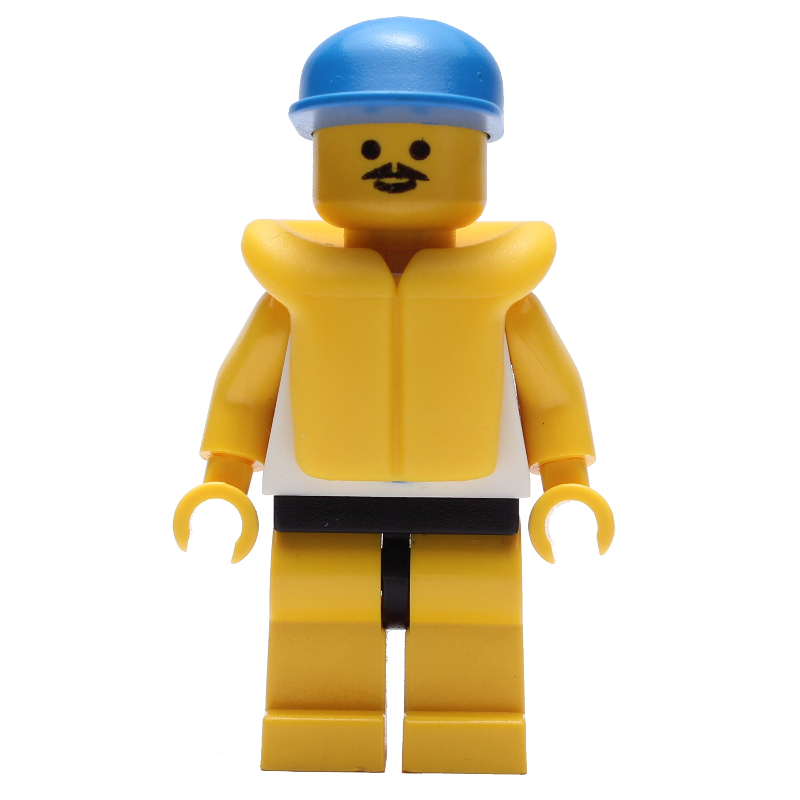 Homme, débardeur blanc avec windsurfer, jambes jaunes, casquette bleue, gilet de sauvetage jaune, moustache (Man, White Tank Top with Windsurfer, Yellow Legs, Blue Cap, Yellow Life Vest, Moustache)
