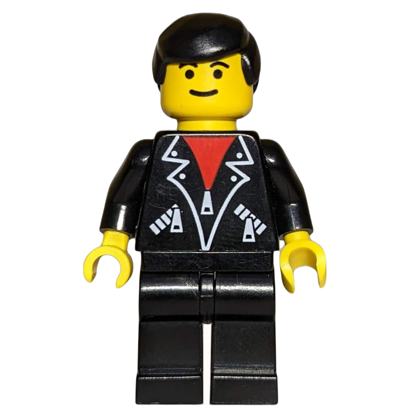 Homme, veste noire ouverte sur chemise rouge, jambes noires, cheveux noirs, sourcils (Man, Open Black Jacket over Red Shirt, Black Legs, Black Hair, Eyebrows)