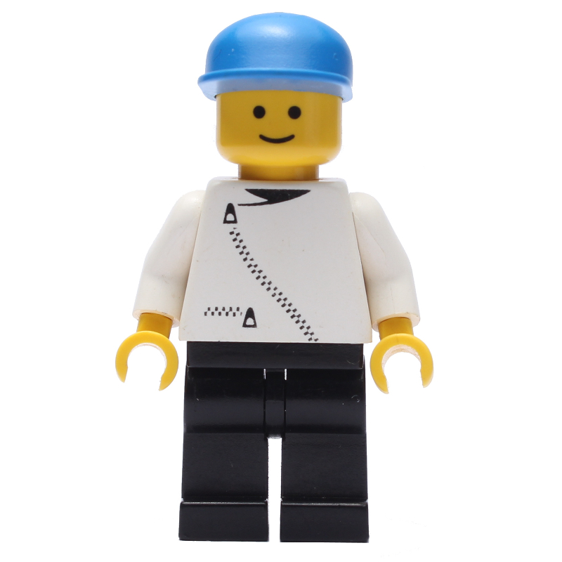 Homme, veste blanche avec fermeture éclair, jambes noires, casquette bleue (Man, White Jacket with Zipper, Black Legs, Blue Cap)