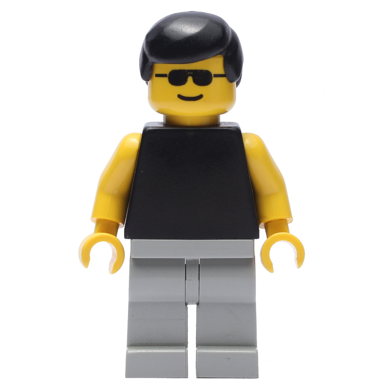 Homme, torse noir avec bras jaunes, jambes gris clair, cheveux noirs, lunettes de soleil (Man, Black Torso with Yellow Arms, Light Gray Legs, Black Hair, Sunglasses)