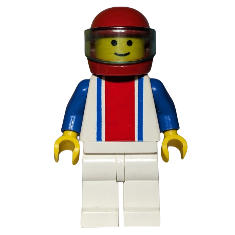 Homme, torse blanc avec rayures rouges et bleues, jambes blanches, casque rouge avec visière (Man, White Torso with Red and Blue Stripes, White Legs, Red Helmet with Visor)