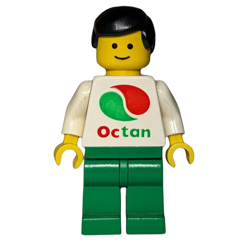 Homme, haut blanc avec grand logo Octan, jambes vertes, cheveux noirs (Man, White Top with Large Octan Logo, Green Legs, Black Hair)
