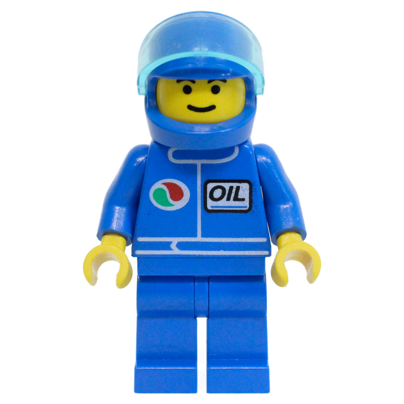 Pilote de course, veste bleue avec logo Octan, jambes bleues, casque bleu avec visière (Racer, Blue Jacket with Octan Logo, Blue Legs, Blue Helmet with Visor)