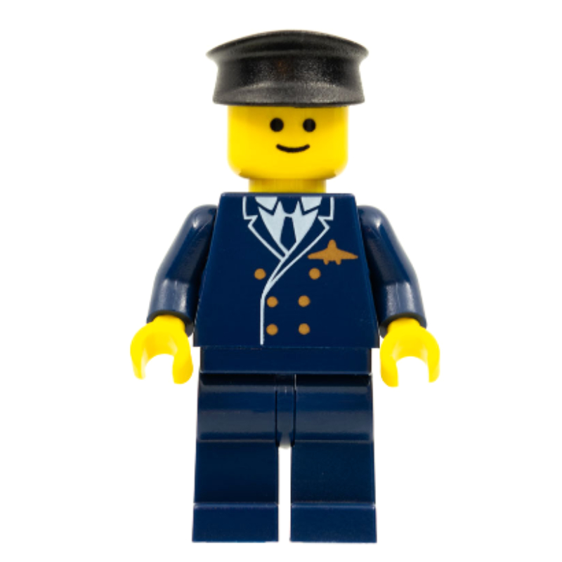 Pilote, costume bleu foncé avec badge avion, chapeau noir (Pilot, Dark Blue Suit with Airplane Badge, Black Hat)