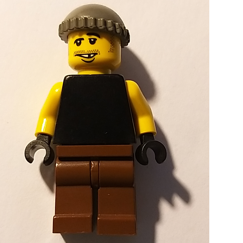 Homme, débardeur noir avec bras jaunes, jambes brunes, chapeau gris foncé (Man, Black Tank Top with Yellow Arms, Brown Legs, Dark Gray Hat)