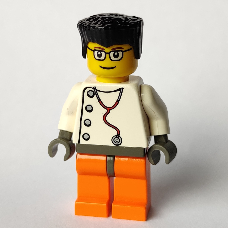 Médecin, chemise blanche avec stéthoscope et boutons latéraux, cheveux noirs, lunettes (Doctor, White Shirt with Stethoscope and Side Buttons, Black Hair, Glasses)