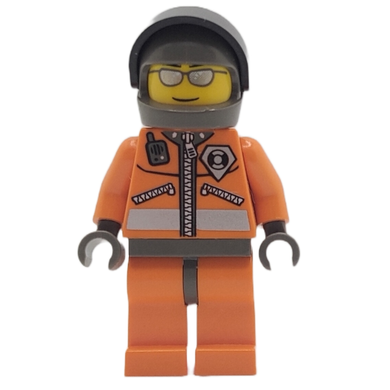Garde-côte, combinaison orange avec fermeture éclair, radio et badge, mains gris bleuté foncé, casque gris bleuté foncé avec visière, lunettes de soleil argentées (Coast Guard, Orange Jumpsuit with Zipper, Radio, and Badge, Dark Bluish Gray Hands, Dark Bluish Gray Helmet with Visor, Silver Sunglasses)
