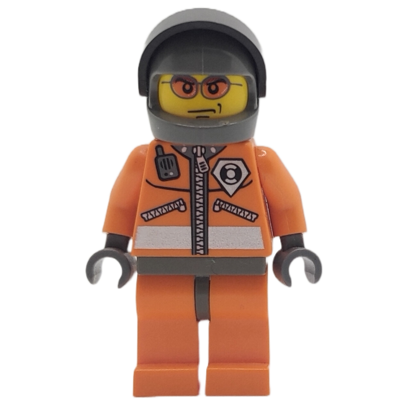 Garde-côte, combinaison orange avec fermeture éclair, radio et badge, mains gris bleuté foncé, casque gris bleuté foncé avec visière, lunettes de soleil orange (Coast Guard, Orange Jumpsuit with Zipper, Radio, and Badge, Dark Bluish Gray Hands, Dark Bluish Gray Helmet with Visor, Orange Sunglasses)