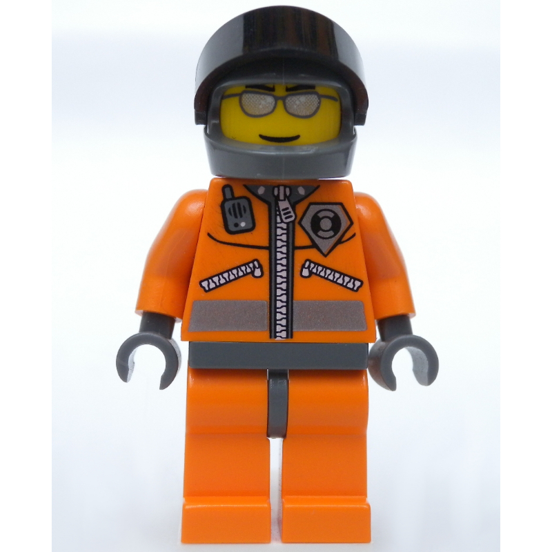 Garde-côte, combinaison orange avec fermeture éclair, radio et badge, mains gris foncé, casque gris bleuté foncé avec visière, lunettes de soleil argentées (Coast Guard, Orange Jumpsuit with Zipper, Radio, and Badge, Dark Gray Hands, Dark Bluish Gray Helmet with Visor, Silver Sunglasses)
