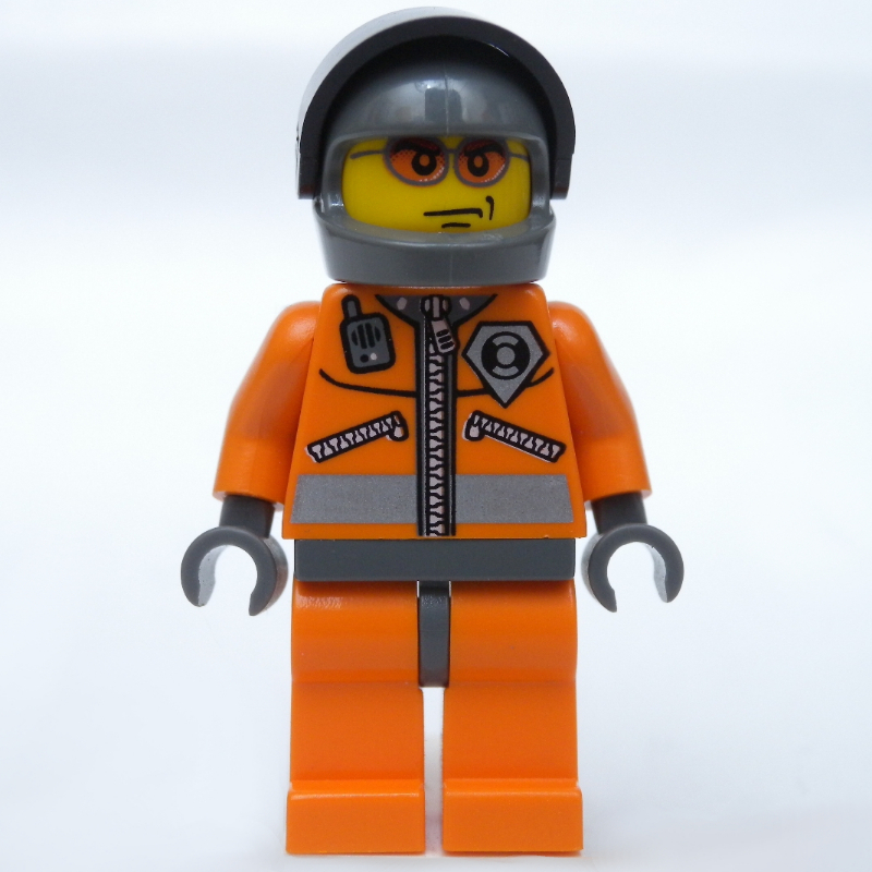 Garde-côte, combinaison orange avec fermeture éclair, radio et badge, mains gris foncé, casque gris bleuté foncé avec visière, lunettes de soleil orange (Coast Guard, Orange Jumpsuit with Zipper, Radio, and Badge, Dark Gray Hands, Dark Bluish Gray Helmet with Visor, Orange Sunglasses)