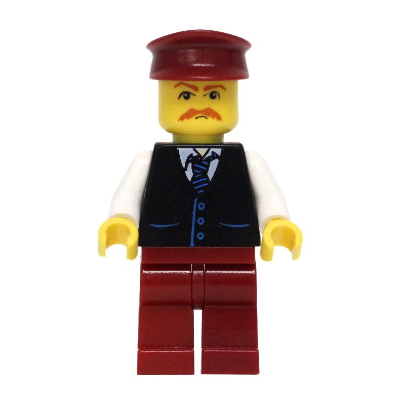 Homme, gilet noir sur chemise blanche avec cravate, jambes rouge foncé, chapeau rouge foncé, moustache (Man, Black Vest over White Shirt with Tie, Dark Red Legs, Dark Red Hat, Moustache)