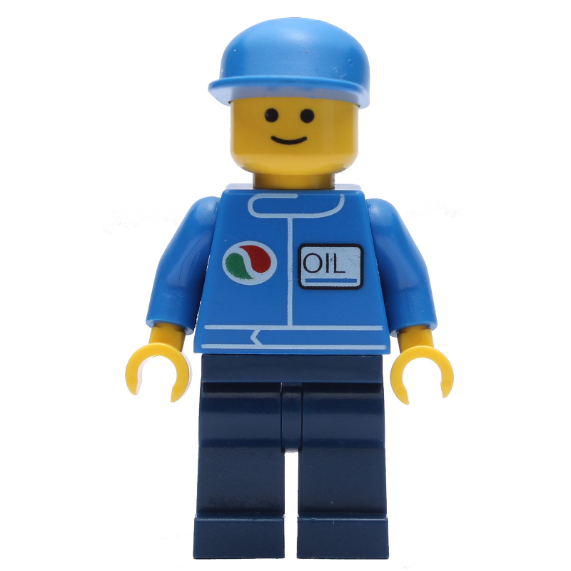Mécanicien, veste bleue avec logo Octan, jambes bleu foncé, casquette bleue (Mechanic, Blue Jacket with Octan Logo, Dark Blue Legs, Blue Cap)
