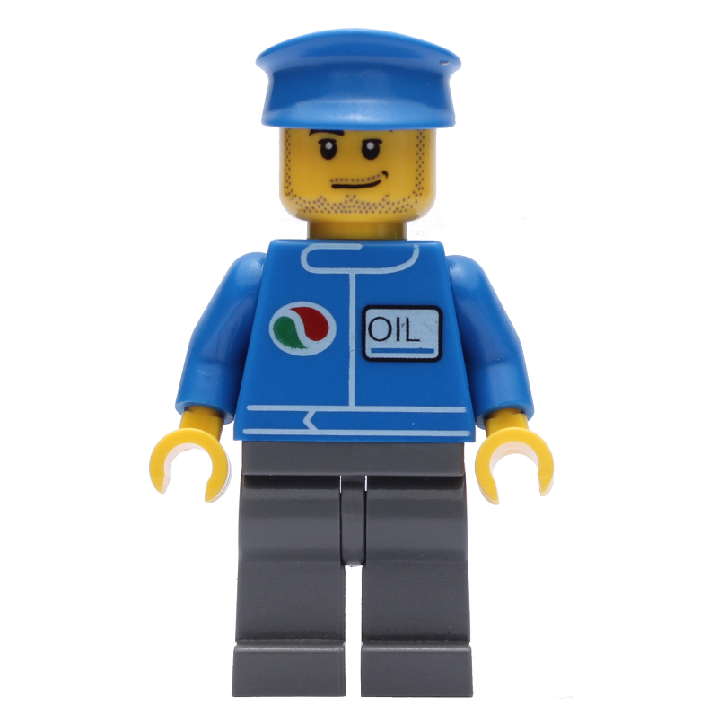 Mécanicien, veste bleue avec logo Octan, jambes gris bleuté foncé, chapeau bleu, barbe naissante (Mechanic, Blue Jacket with Octan Logo, Dark Bluish Gray Legs, Blue Hat, Stubble)
