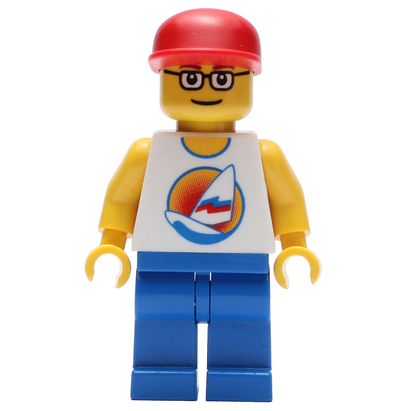 Homme, débardeur blanc avec planche à voile, jambes bleues, casquette rouge, lunettes (Man, White Tank Top with Windsurfer, Blue Legs, Red Cap, Glasses)