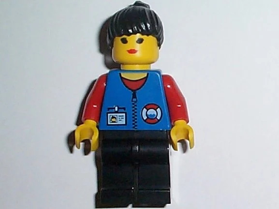 Garde-côte, femme, veste bleue avec fermeture éclair et badge d'identité. cheveux noirs (Coast Guard, Woman, Blue Jacket with Zipper and ID Badge. Black Hair)