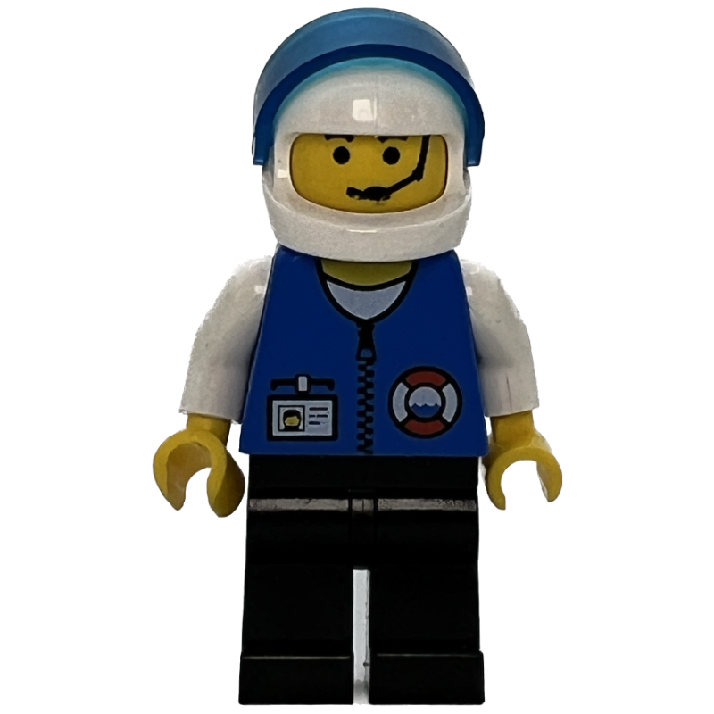 Garde-côte, veste bleue avec fermeture à glissière et badge d'identité. casque blanc avec visière, casque (Coast Guard, Blue Jacket with Zipper and ID Badge. White Helmet with Visor, Headset)