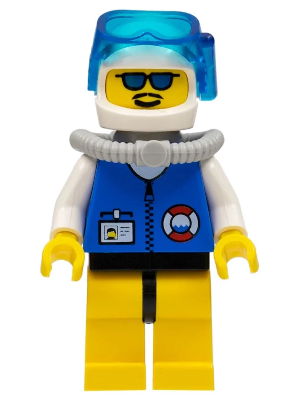 Plongeur des garde-côtes, veste bleue avec fermeture éclair et badge d'identité. casque blanc avec masque, lunettes de soleil bleues (Coast Guard Diver, Blue Jacket with Zipper and ID Badge. White Helmet with Mask, Blue Sunglasses)