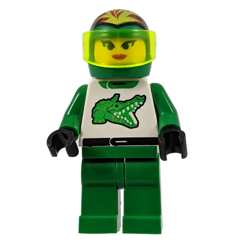 Pilote de course, femme, tenue verte et blanche avec crocodile, casque vert avec flammes et visière (Racer, Woman, Green and White Outfit with Crocodile, Green Helmet with Flames and Visor)