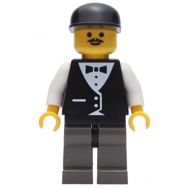 Homme, gilet noir sur chemise blanche avec cravate, jambes gris foncé, casquette noire, moustache (Man, Black Vest over White Shirt with Tie, Dark Gray Legs, Black Cap, Moustache)
