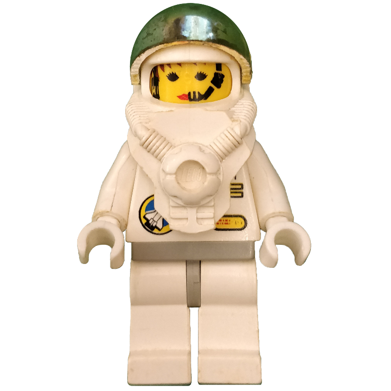 Astronaute, femme, blanc, hanches gris clair, casque avec plastron et grande visière en or chromé, casque (Astronaut, Woman, White, Light Gray Hips, Helmet with Breastplate and Large Chrome Gold Visor, Headset)