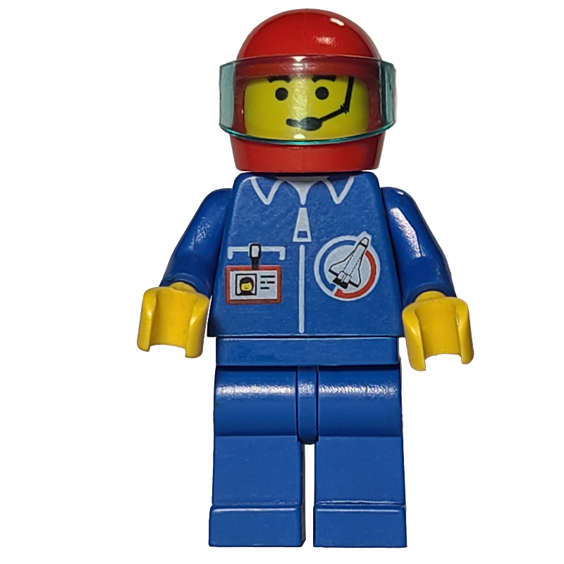 Pilote de commande de lancement, combinaison bleue, casque rouge avec visière, micro-casque (Launch Command Pilot, Blue Jumpsuit, Red Helmet with Visor, Headset)