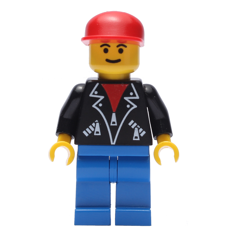 Homme, veste noire ouverte sur chemise rouge, jambes bleues, casquette rouge (Man, Open Black Jacket over Red Shirt, Blue Legs, Red Cap)