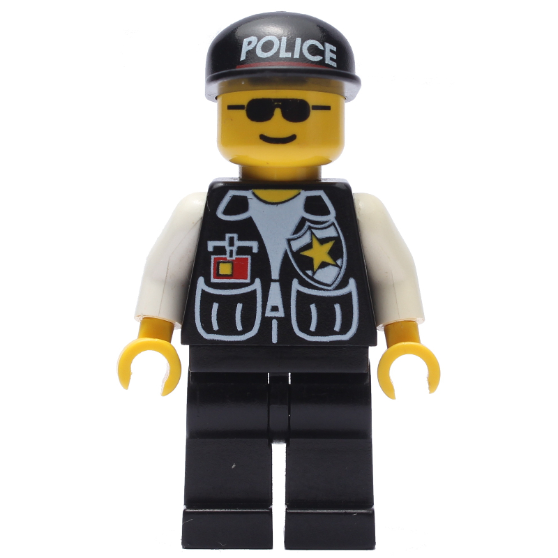 Policier, gilet noir avec badge et poches, casquette noire avec 'police', lunettes de soleil (Policeman, Black Vest with Badge and Pockets, Black Cap with 'POLICE', Sunglasses)