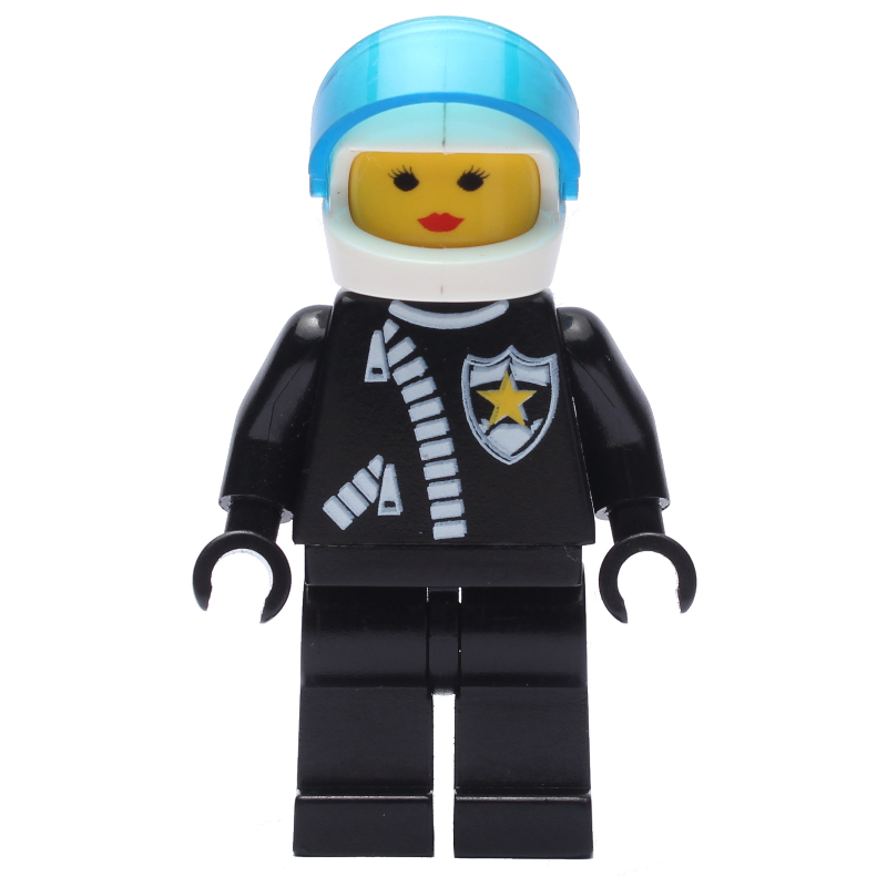 Policière, veste noire avec fermeture éclair et badge, casque blanc avec visière bleu foncé transparent (Policewoman, Black Jacket with Zipper and Badge, White Helmet with Trans-Dark Blue Visor)