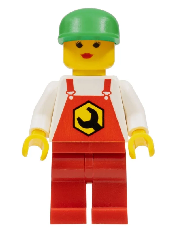 Mécanicien, femme, salopette rouge, casquette verte (Mechanic, Woman, Red Overalls, Green Cap)