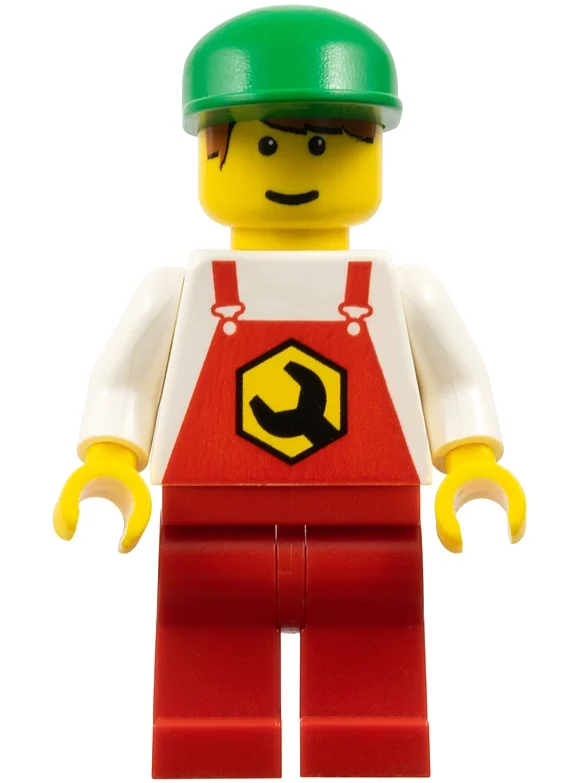 Mécanicien, salopette rouge, casquette verte, cheveux imprimés (Mechanic, Red Overalls, Green Cap, Printed Hair)