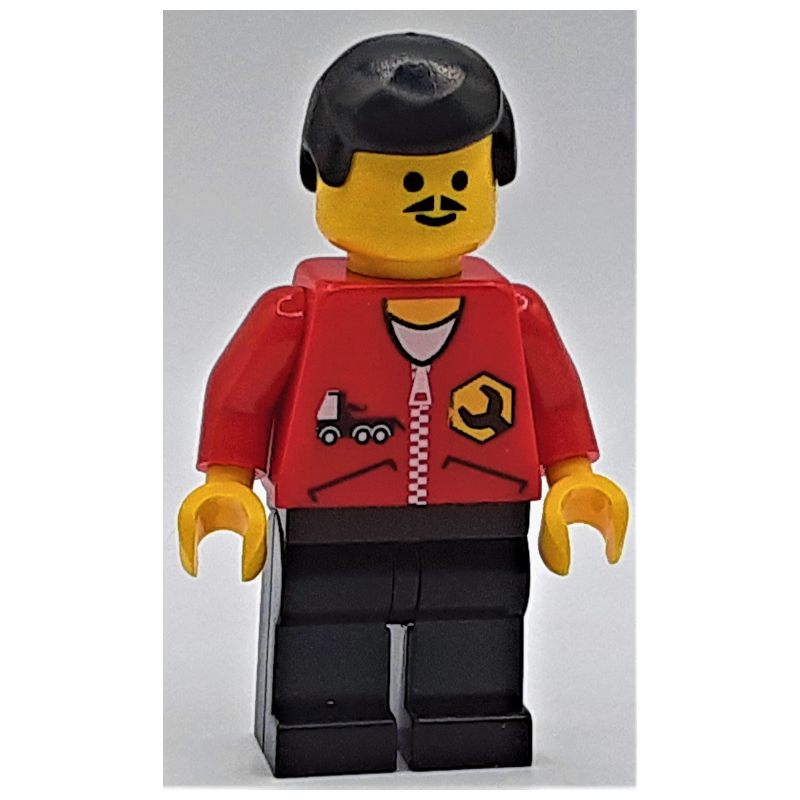 Mécanicien, veste rouge avec fermeture à glissière, cheveux noirs, moustache (Mechanic, Red Jacket with Zipper, Black Hair, Moustache)