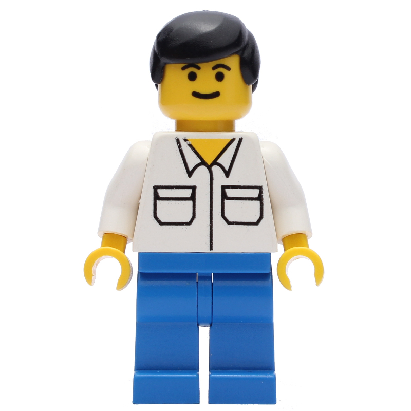 Homme, chemise blanche avec poches, jambes bleues, cheveux noirs (Man, White Shirt with Pockets, Blue Legs, Black Hair)