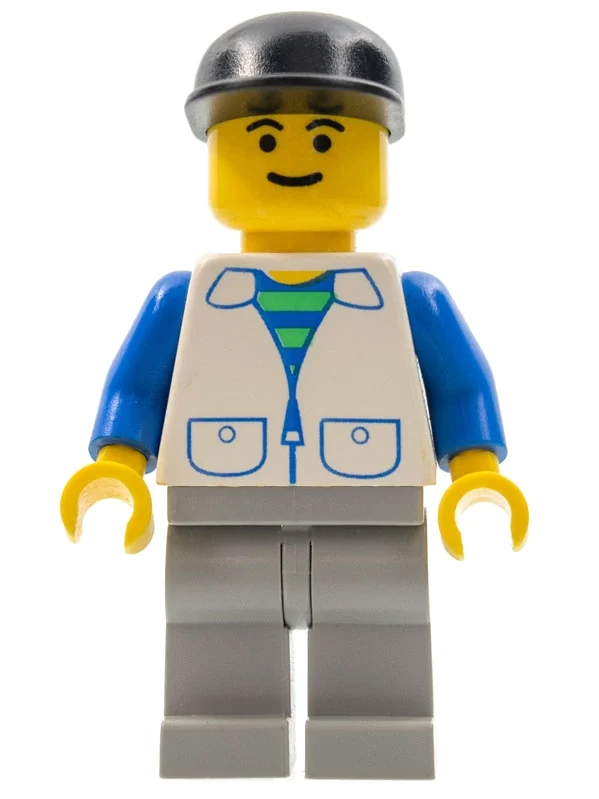 Homme, gilet blanc ouvert sur chemise rayée bleue et verte, jambes gris clair, casquette noire (Man, Open White Vest over Blue and Green Striped Shirt, Light Gray Legs, Black Cap)