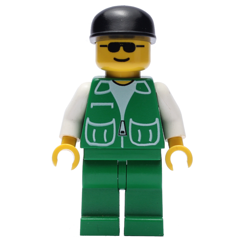 Homme, veste verte, jambes vertes, casquette noire, lunettes de soleil (Man, Green Jacket, Green Legs, Black Cap, Sunglasses)