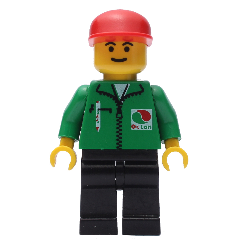 Homme, veste verte avec fermeture éclair et logo Octan, casquette rouge (Man, Green Jacket with Zipper and Octan Logo, Red Cap)
