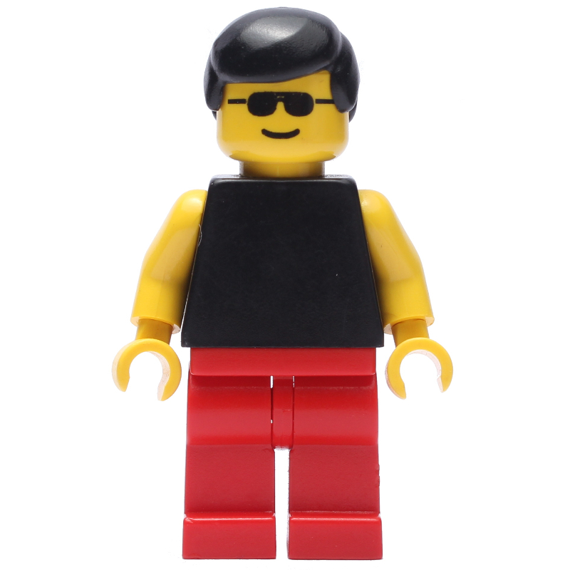 Homme, débardeur noir avec bras jaunes, jambes rouges, cheveux noirs, lunettes de soleil (Man, Black Tank Top with Yellow Arms, Red Legs, Black Hair, Sunglasses)