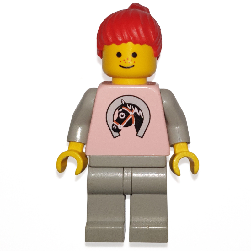 Femme, haut rose avec cheval, jambes gris clair, cheveux roux (Woman, Pink Top with Horse, Light Gray Legs, Red Hair)