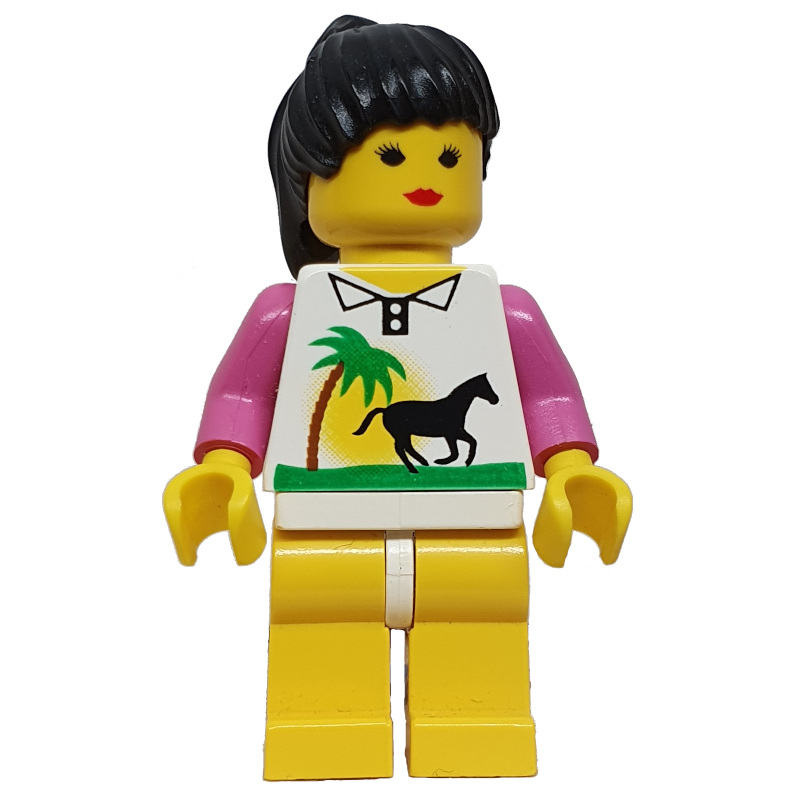 Femme, chemise blanche avec palmier et cheval, jambes jaunes, cheveux noirs (Woman, White Shirt with Palm Tree and Horse, Yellow Legs, Black Hair)