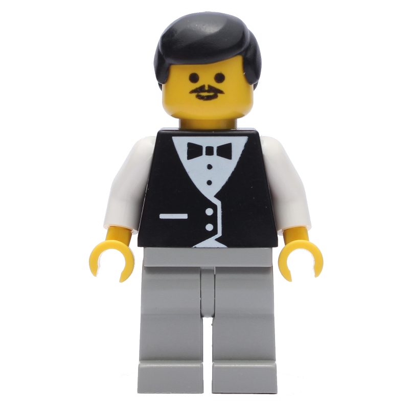 Serveur, gilet noir sur chemise blanche avec noeud papillon, jambes gris clair, cheveux noirs, moustache (Waiter, Black Vest over White Shirt with Bow Tie, Light Gray Legs, Black Hair, Moustache)