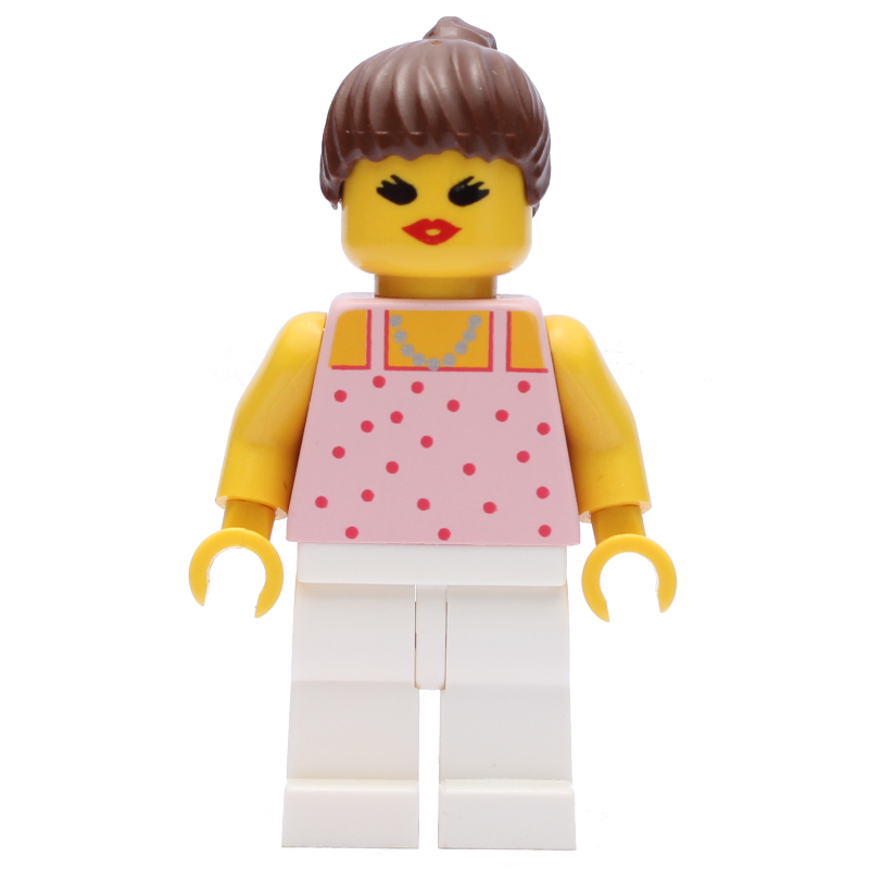 Femme, haut rose avec des taches, jambes blanches, cheveux bruns - bouche ouverte (Woman, Pink Top with Spots, White Legs, Brown Hair - Open Mouth)